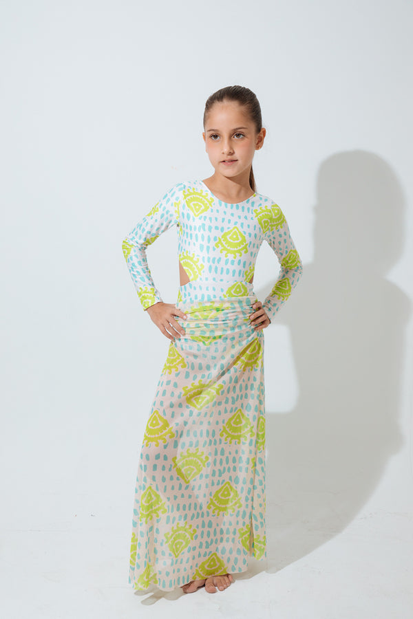Aqua Skirt | Falda Larga de Salida de Playa Blanco y Amarillo par Niña